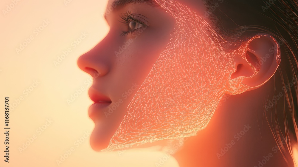 Poster a simple digital face in glowing light, representing technology and identity, set against a soft gra