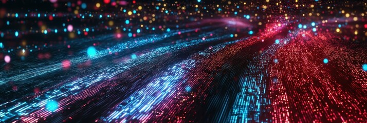 Naklejka premium Futuristic cityscape, neon lights, digital rain, cyberpunk aesthetics, red and blue color scheme, reflective surfaces, data streams, urban nightscape, holographic projections, glowing circuit patterns