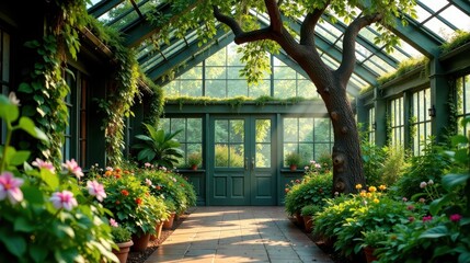 Obraz premium Serene Conservatory Garden Sunbeams Illuminate Lush Greenery and Blooming Flowers Within a Tranquil Green House