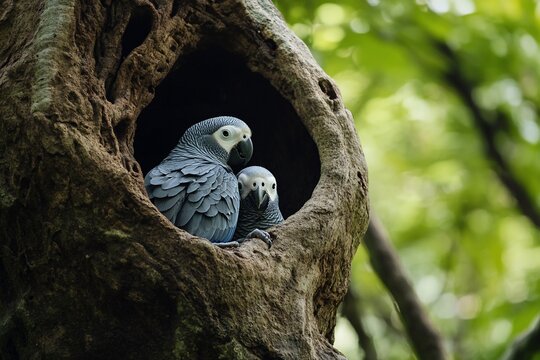 Two African grey parrots nestled in a tree hollow.