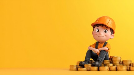 Fototapeta premium A cheerful boy in a hard hat sits on stacks of coins.