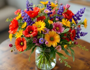 Vibrant Summer Bouquet: Sunlit Poppies, Daisies, and Lavender in a Rustic Jar