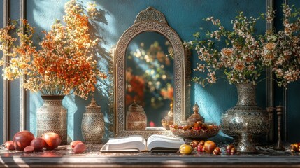 Haft-sin table with a Quran, mirror, and traditional Nowruz symbols displayed elegantly