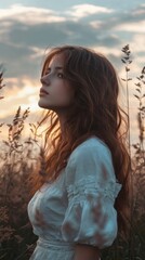 Fototapeta premium A young woman stands in a field at sunset with her head tilted up, looking at the sky.