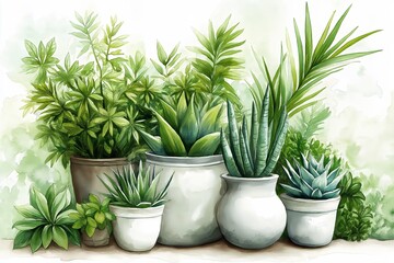 Fototapeta premium This vibrant arrangement of houseplants showcases the beauty of indoor gardening. Perfect for adding life to any space, these green companions thrive indoors.
