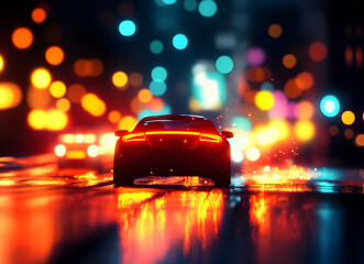 Naklejka premium Night Drive in the City: A Silhouette of a Car on a Wet Road at Night