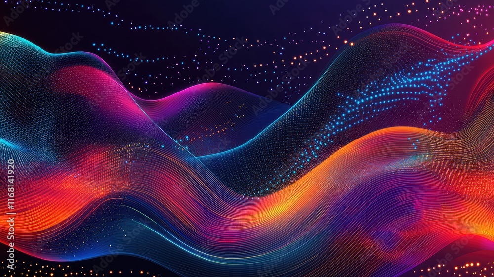 Poster futuristic geometric patterns with glowing light textures and dynamic ai-inspired waveforms in a vib