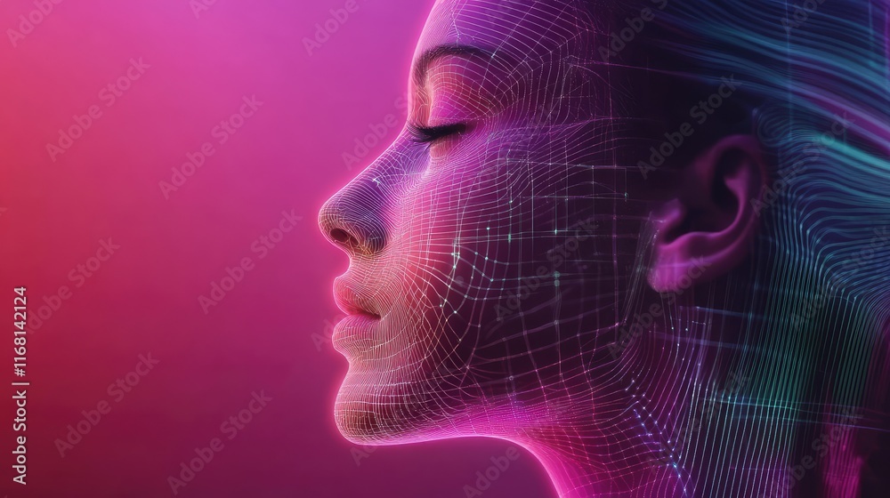 Poster futuristic glowing ai neural networks and intricate geometric waveforms in vibrant colors on a moder