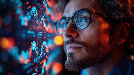 A man in glasses looks at a digital screen with data visualizations.