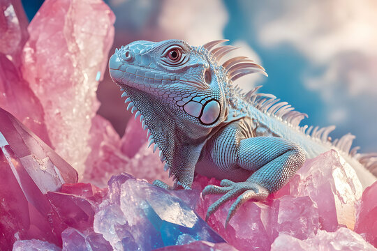Serene Iguana on Pink Crystals: A Whimsical Portrait