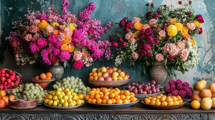 Persian new year celebration with vibrant flowers and fruits arranged on a decorative table