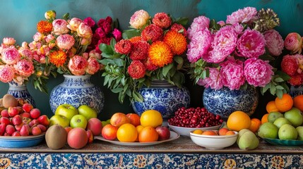 Persian new year celebration with vibrant flowers and fruits arranged on a decorative table