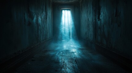 Corridor with glowing light beams and mist creating an eerie atmosphere