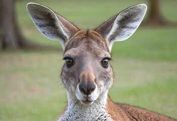 Fototapeta premium Close-up of a curious kangaroo in a natural setting. A captivating close-up portrait of a kangaroo showcasing its expressive eyes and attentive gaze