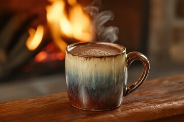 Fototapeta premium A steaming mug of hot chocolate sits on a wooden mantelpiece before a cozy fireplace.