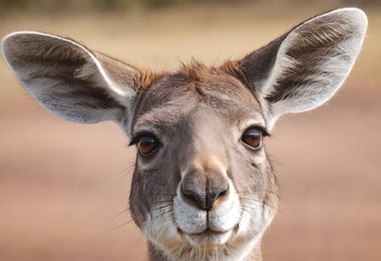 Obraz premium Close-up of a curious kangaroo's face. A close-up portrait of a kangaroo's face showcasing its large expressive eyes and soft muted-brown fur