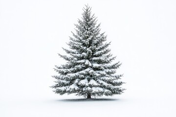 Obraz premium A snow-covered evergreen tree stands alone in a pristine white landscape.