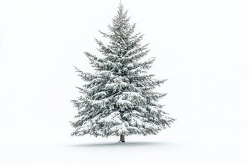 A snow-covered evergreen tree stands alone in a pristine white landscape.