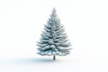 Fototapeta premium A snow-covered evergreen tree stands alone in a pristine white landscape.