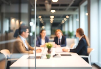 Blurred View of Business People in Meeting Room. A slightly out-of-focus image captures a group of business professionals seated around a conference table in a modern office space