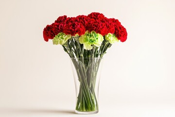 Obraz premium A bouquet of red and green carnations in a clear glass vase against a white background.