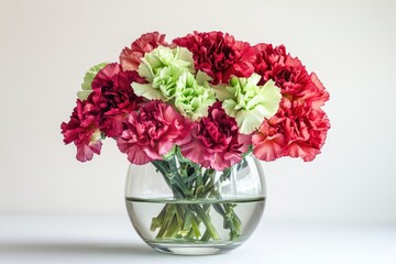 A bouquet of pink, red, and green carnations in a clear glass vase against a white background.