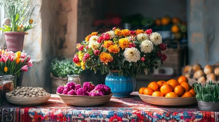 Fototapeta premium Spring equinox Nowruz theme with blooming flowers and colorful decorations