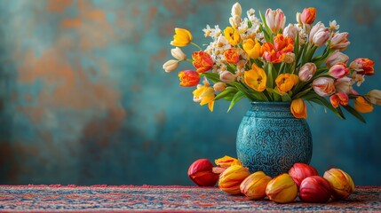 Spring equinox Nowruz theme with blooming flowers and colorful decorations © Aisha
