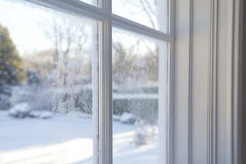 Naklejka premium Frost patterns adorn a windowpane, showcasing a snowy winter landscape beyond.