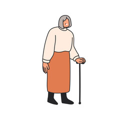 Old woman with walking cane. Senior elderly female character smiling, going and leaning on stick. Elder aged lady, granny strolling on street. Flat vector illustration isolated on white background