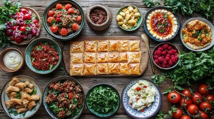Fototapeta premium Traditional Nowruz sweets like baklava and samanu arranged on a wooden table