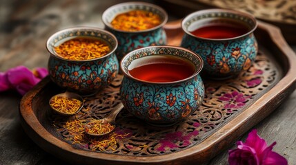 Traditional Nowruz tea set with Persian-style cups and saffron tea
