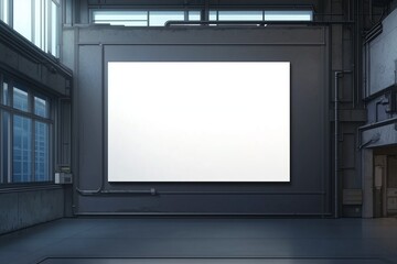 Art gallery displays blank canvas in a dark gray industrial setting.