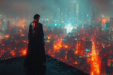 Lone figure standing atop skyscraper overlooking vibrant futuristic cityscape