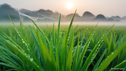  The dew drops on green rice plant in morning