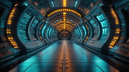 Fototapeta premium Futuristic Spaceship Corridor: A Sci-Fi Tunnel of Light and Metal