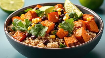 Vibrant quinoa bowl with roasted sweet potatoes, black beans, corn, and fresh lime