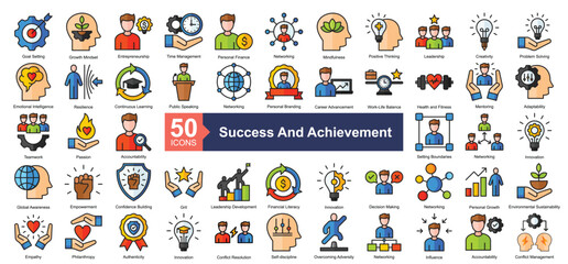 Success and Achievement Icon Collection Set.Containing goal setting, growth mindset, entrepreneurship, time management, personal finance icon. Simple lineal style Vector Illustration.