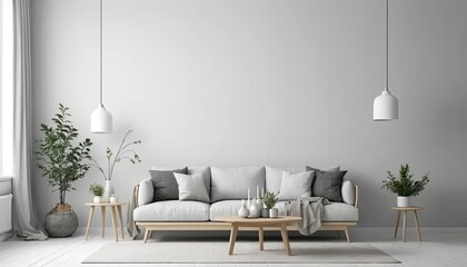 Minimalist living room with a light gray sectional sofa, neutral decor, and indoor plants. blank canvas frames adorn the wall above a modern coffee table.