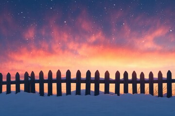 Obraz premium Winter sunset scene with a wooden fence covered in snow under a starry sky.