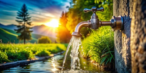 Aerial Drone Shot: Water Flowing from Faucet, Stream, Splashing, Texture