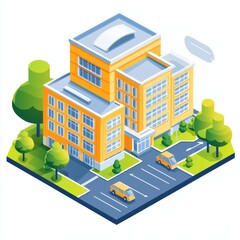Modern Business Building with Parking Lot and Green Landscaping in a Bright, Vibrant Style