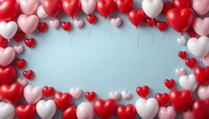 Obraz premium Valentine's Day and White Day Sale banner featuring a festive background adorned with a border frame composed of lifelike heart-shaped balloons in red, pink, and white hues