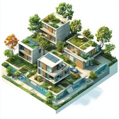 Modern Eco-Friendly Urban Homes Surrounded by Lush Greenery and Sustainable Features