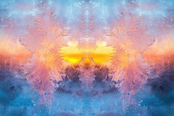 Obraz premium Abstract winter frost patterns on a windowpane, showcasing a vibrant sunset reflected in ice crystals.