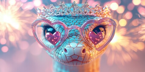 Obraz premium Charming snake celebrates new year 2025 in sparkly tiara festive setting with glittering fireworks