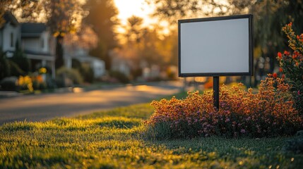 Blank sign surrounded by flowers on a quiet suburban street at sunset