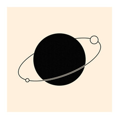 A minimalist black and white illustration of a planet with a ring system and a moon orbiting it © Iqbaal Official