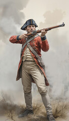 English soldier of 18th century in red uniform with flintlock rifle in midst of battle.