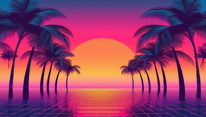 Obraz premium Tropical beach with palm trees silhouette at sunset background - Tropical sunset with trees